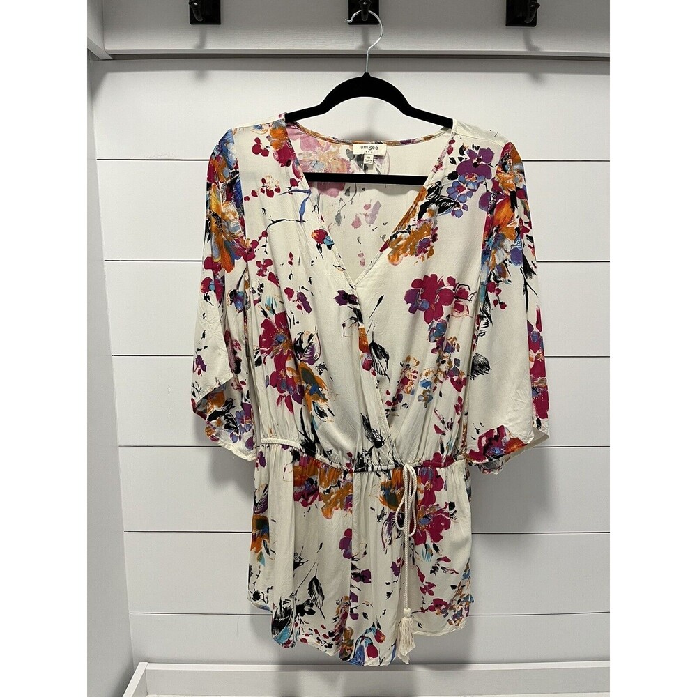 Umgee Floral Romper Size Medium Pockets Faux Wrap Top